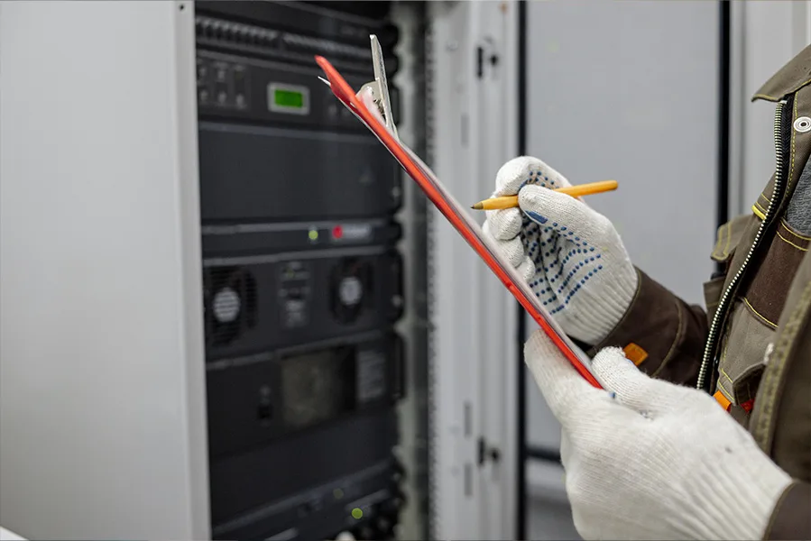 Electrician reviewing a checklist at an electrical panel