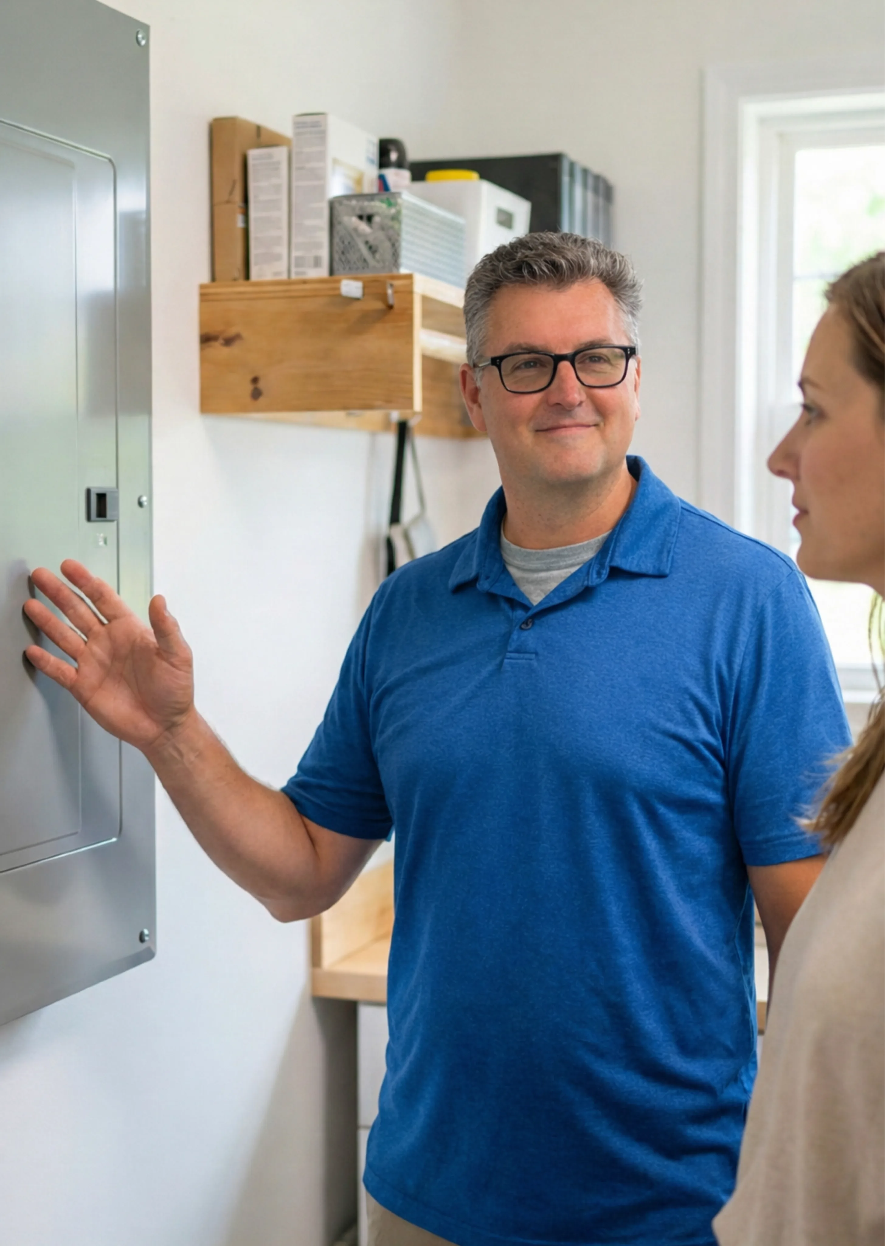 Electrician speaking with a homeowner at an electrical panel