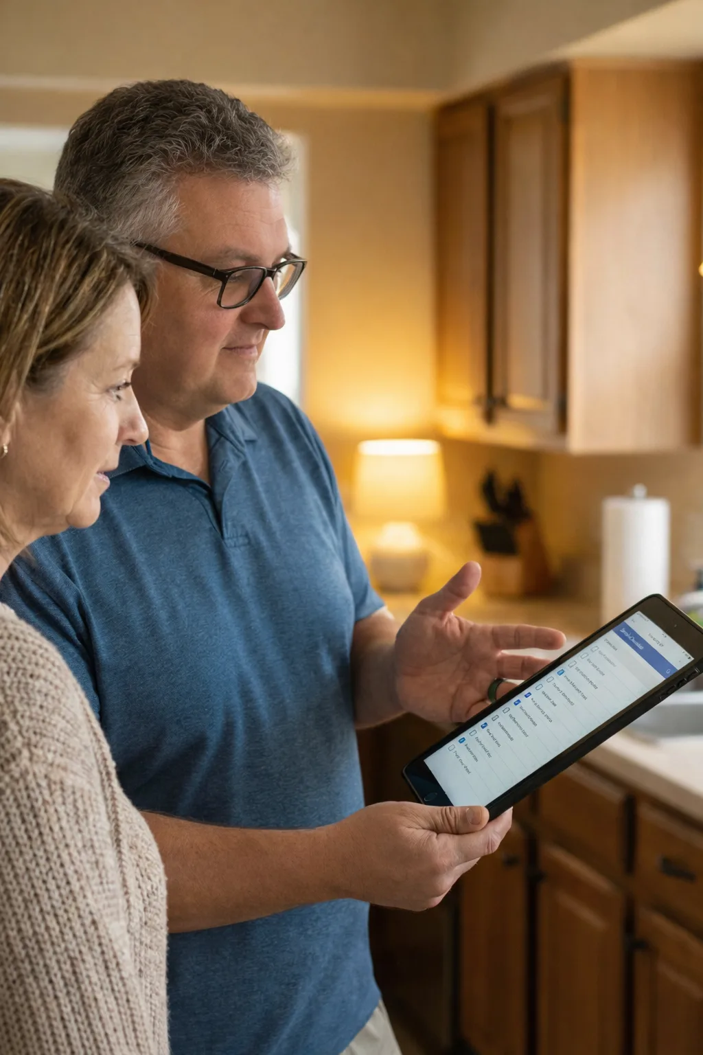 Electrician showing a tablet to a homeowner in a kitchen