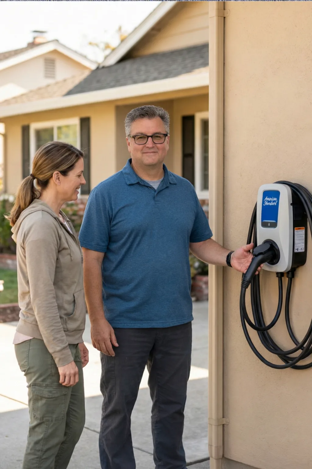 Electrician and homeowner beside an EV charger