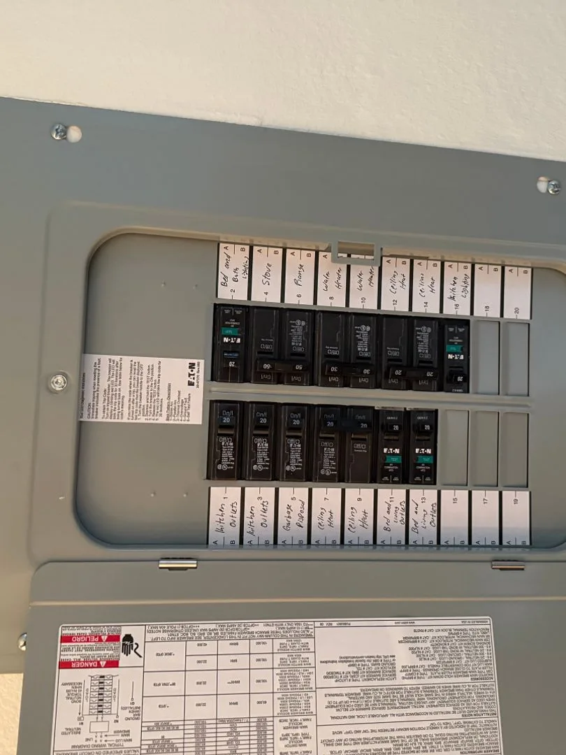 Residential electrical panel with labeled circuit breakers